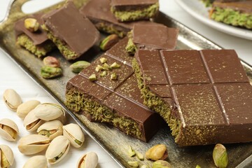 Pieces of Dubai chocolate bars with pistachios and knafeh on white table, closeup
