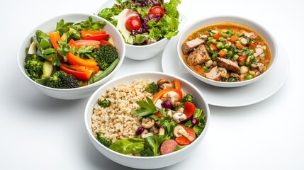 A colorful meal with salads, grains, and a hearty soup.