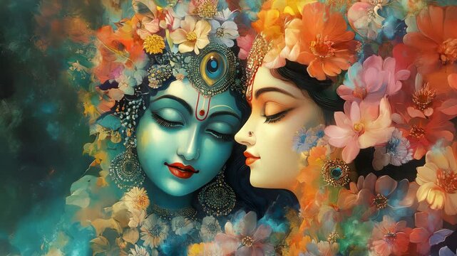 Painting of two women with flowers on their heads. 4K Video