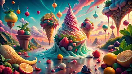 Fototapeta premium Surreal Melting Ice Cream with Exotic Fruits: Dreamy Summer Dessert