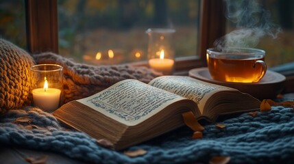 Cozy Autumn Evening With Tea Book And Candles