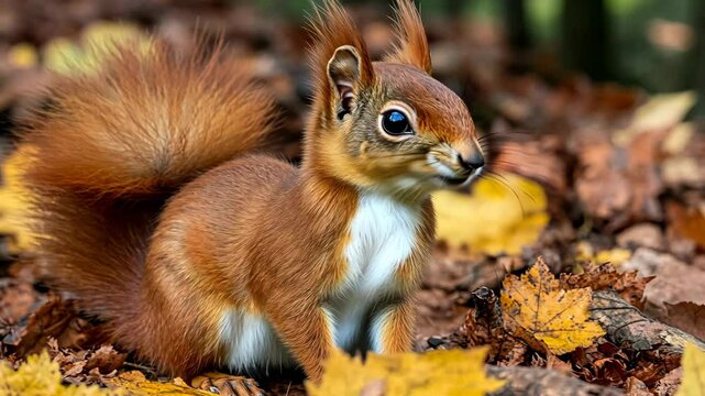 Squirrel foraging among autumn leaves in a forest during the golden season of fall