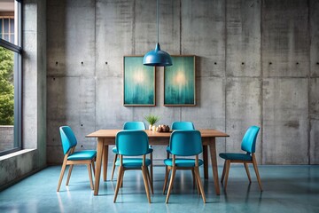 Fototapeta premium Surreal Minimalist Dining Room: Blue Table, Wooden Chairs, Concrete Wall, Abstract Poster