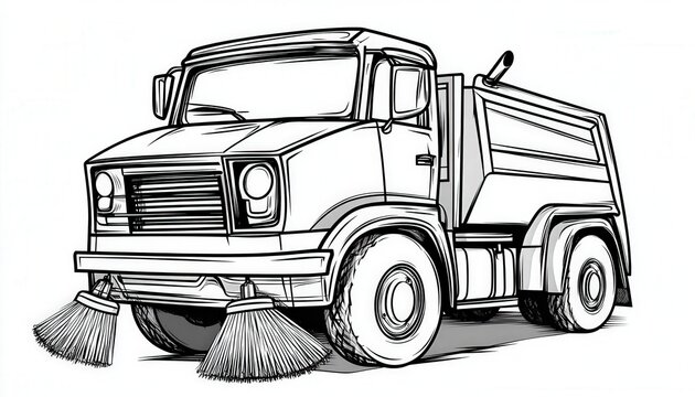 A stylized street sweeper truck illustration perfect for coloring books, educational materials, or city-themed designs. Its bold lines and simple details make it easy to color and customize.