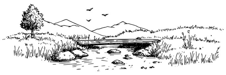 hand-drawn countryside stream with wooden bridge and mountains in black and white