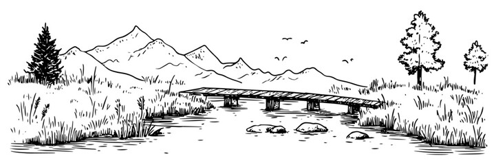 hand-drawn mountain stream with wooden bridge and trees in black and white
