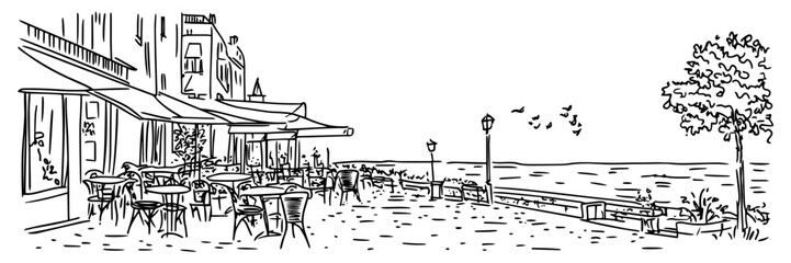 hand-drawn seaside cafe with tables, chairs, and ocean view in black and white