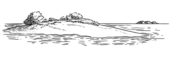 hand-drawn small island with rocks and sparse vegetation in black and white