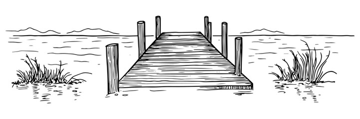 Obraz premium hand-drawn wooden pier extending into water with grass on both sides in black and white