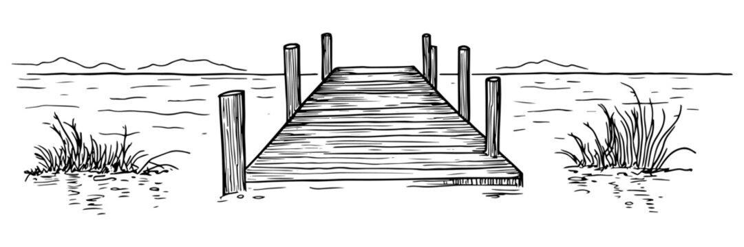 hand-drawn wooden pier extending into water with grass on both sides in black and white