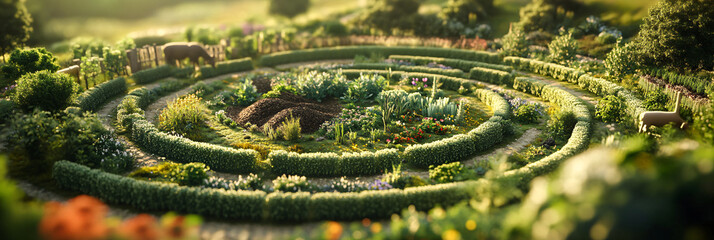 A circular farm layout showcasing biodynamic practices, with distinct sections for crops, compost, and livestock, all interconnected by flowing paths of colorful herbs and flowers.  