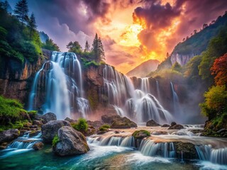 Fototapeta premium Surreal Rain-Soaked Ampola Dolomite Waterfalls - Anamorphic Lens Photography