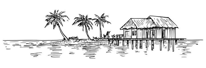 hand-drawn tropical island with stilt hut and palm trees over calm water