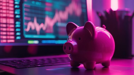 Pink Piggy Bank on Laptop with Financial Charts Display