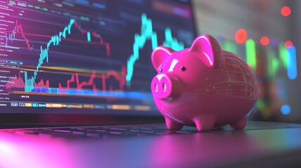Colorful Piggy Bank on Laptop Displaying Financial Charts
