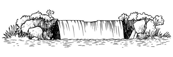 hand-drawn waterfall with rocks, vegetation, and flowing water in black and white