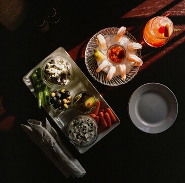 Supper club appetizers with shrimp cocktail  
