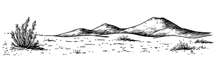 desert landscape with mountains and sparse vegetation in black outline style