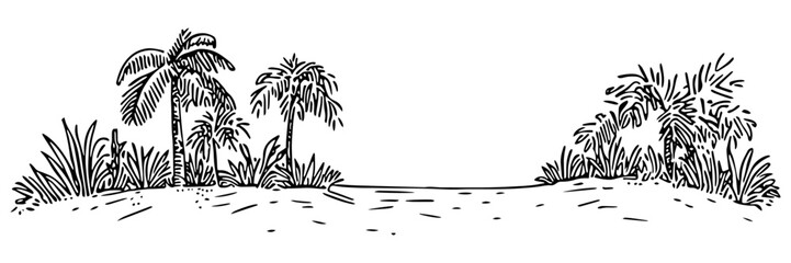 tropical landscape with palm trees and lush vegetation in black outline style