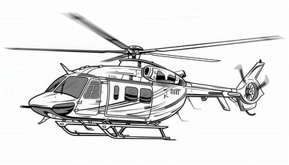 A dynamic black and white sketch of a helicopter in motion. Ideal for illustrating travel, adventure, or transportation concepts.