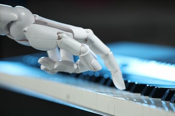 Artificial intelligence. Robot hand playing piano on dark background, closeup