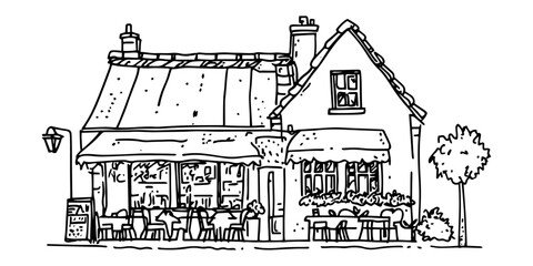 cozy cafe with outdoor seating and awning in black outline style
