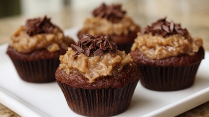 Close-up of German chocolate cupcakes. Mouth-watering, succulent German chocolate cupcakes.