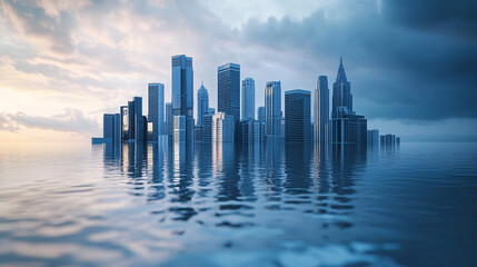 Fototapeta premium A city skyline partially submerged in floodwaters, with reflections of buildings in the water, symbolizing the impact of rising sea levels and heavy rainfall. 