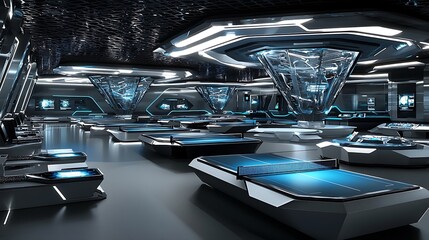 Fototapeta premium Futuristic interior design with numerous ping pong tables, sleek metallic surfaces, and blue neon lighting.