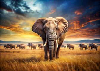 Obraz premium Surreal Serengeti: Elephant and Zebra Herd Dreamscape