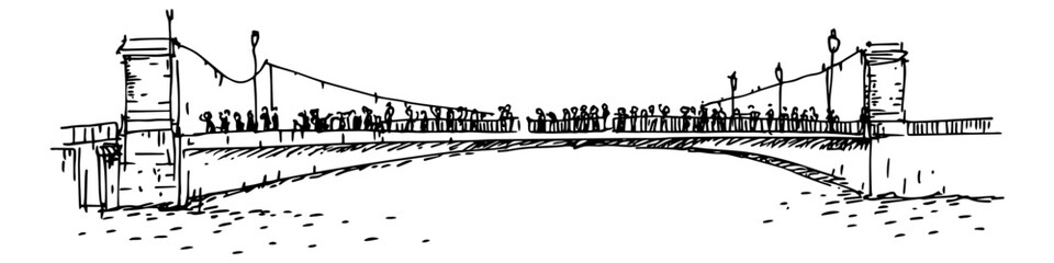 suspension bridge over river with cityscape, hand drawn sketch