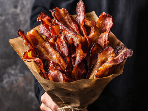 man's hand holding a bouquet of cooked bacon strips. Valentine's Day present for a meat lover