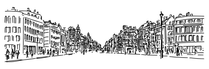 wide city street with classic buildings in black outline style