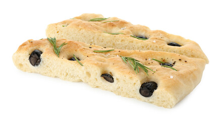 Slices of delicious focaccia bread with olives and rosemary isolated on white
