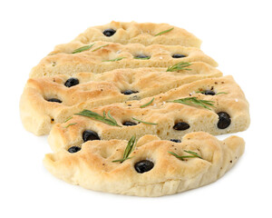 Slices of delicious focaccia bread with olives and rosemary isolated on white