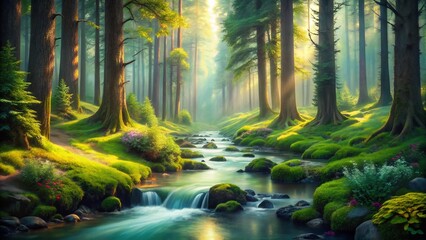 Surreal Springtime Pine Trees: Dreamlike Forest Landscape