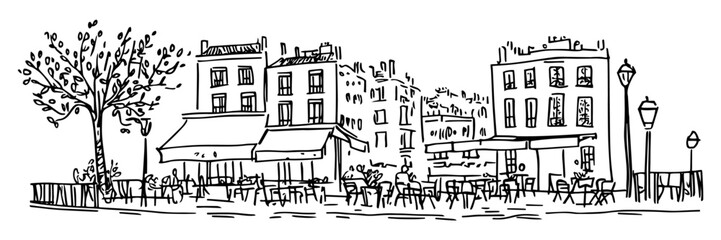 city square with cafes and trees in black sketch © Kaz