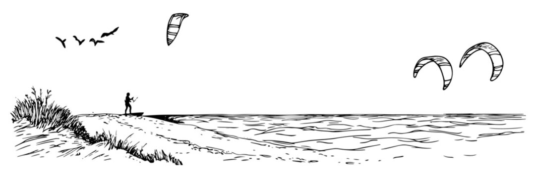 kite surfers on the beach with kites in outline style