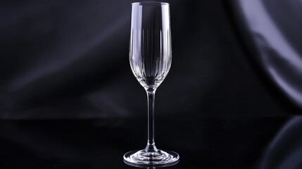A crystal-clear champagne flute set against a black background with elegant lighting.