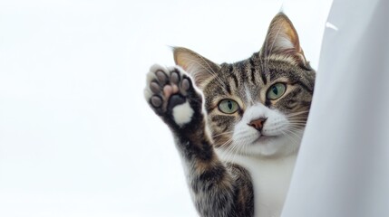 A curious cat with its paw on a curtain