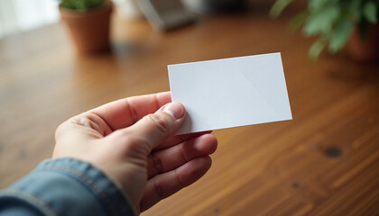 Obraz premium Hand holding blank business card mockup indoors with wooden table background 