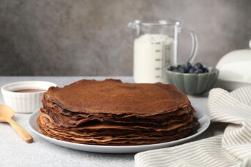 Delicious chocolate crepes with sweet paste and blueberries on light grey table, closeup