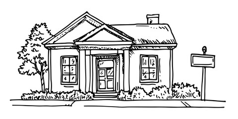 neoclassical house with columns and tree, black hand-drawn illustration