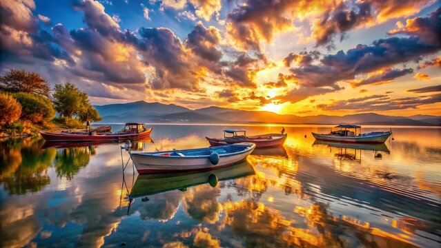 Surreal Sunset: Fishing Boats on Iznik Lake, Bursa, Turkey