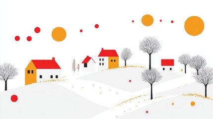 Winter village, hills, abstract sky, postcard design