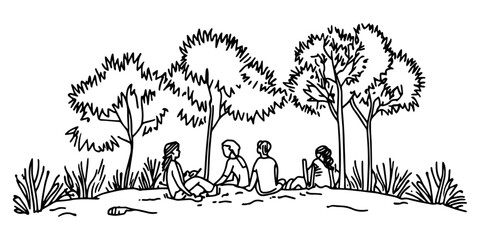 group of people sitting under trees, black and white hand-drawn illustration