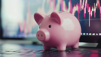 Cute Pink Piggy Bank on Computer Screen with Graphs