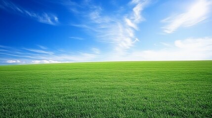 Fototapeta premium Vibrant green field under a bright blue sky with fluffy white clouds. (1)