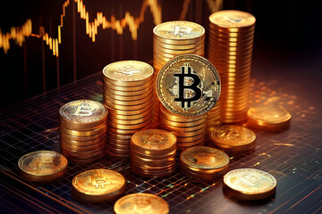 Crypto Stacks in front of stock exchange curve