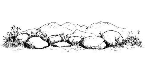 rocky landscape with distant mountains, black hand-drawn illustration